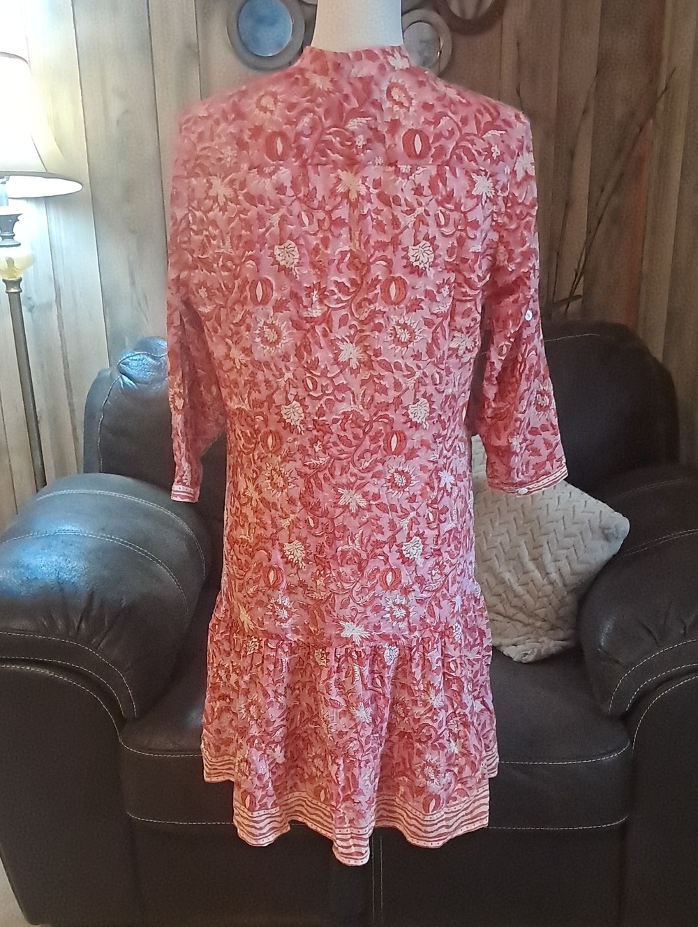 Bell By Alicia Bell Boho Silk Cotton Blend Floral Tiered Tunic Dress Red Pink - Picture 5 of 9